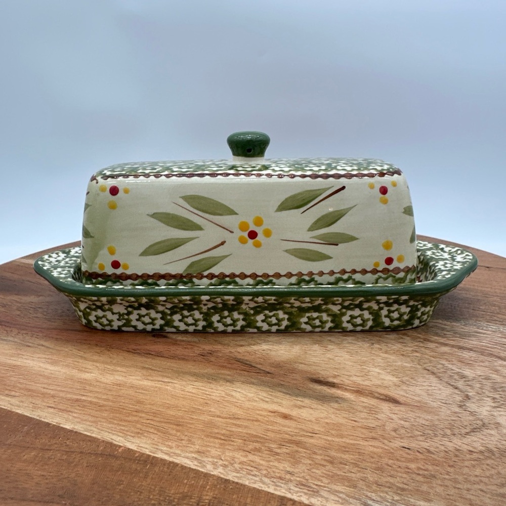 Green and Cream Ceramic Butter Dish Temptations! Hard to find